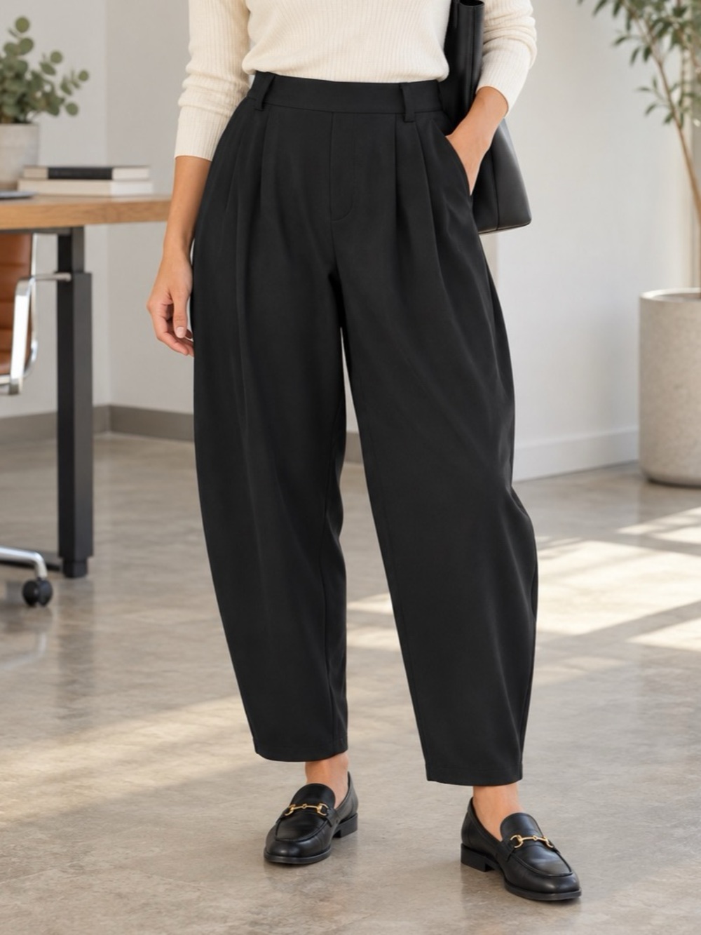 HALARA Mid Rise Pocket Barrel Leg Baggy Work Pants Black S Minimalist Stretchy